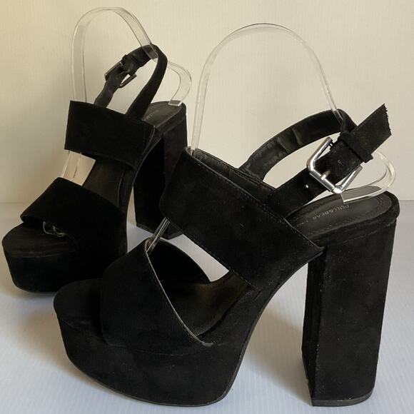 Platform Block Heel Sandals Black Suede  EU 37 US 6 Y2K Heel Party Shoe - Picture 2 of 10